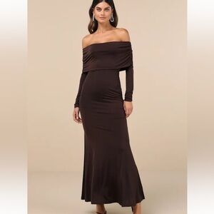 Lulu’s Effortlessly Stunning Dark Brown Off-Shoulder Maxi Dress